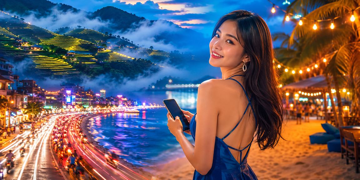 Người dùng tại Sapa cầm điện thoại với giao diện ứng dụng casino đêm neon rực rỡ